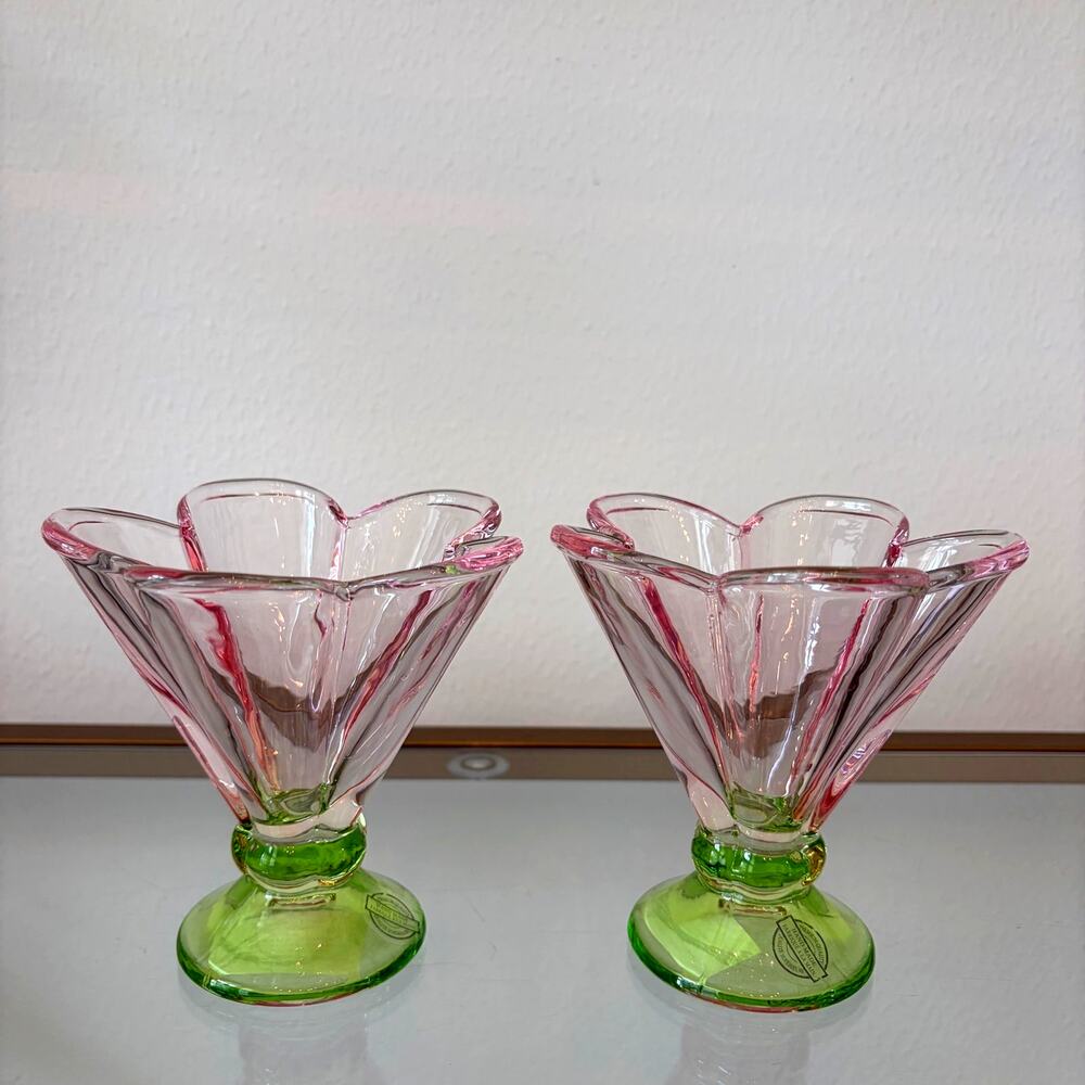 NEW Tulip-Shaped Footed Glass Parfait Dessert Bowls 2pc Pink & Green Spring